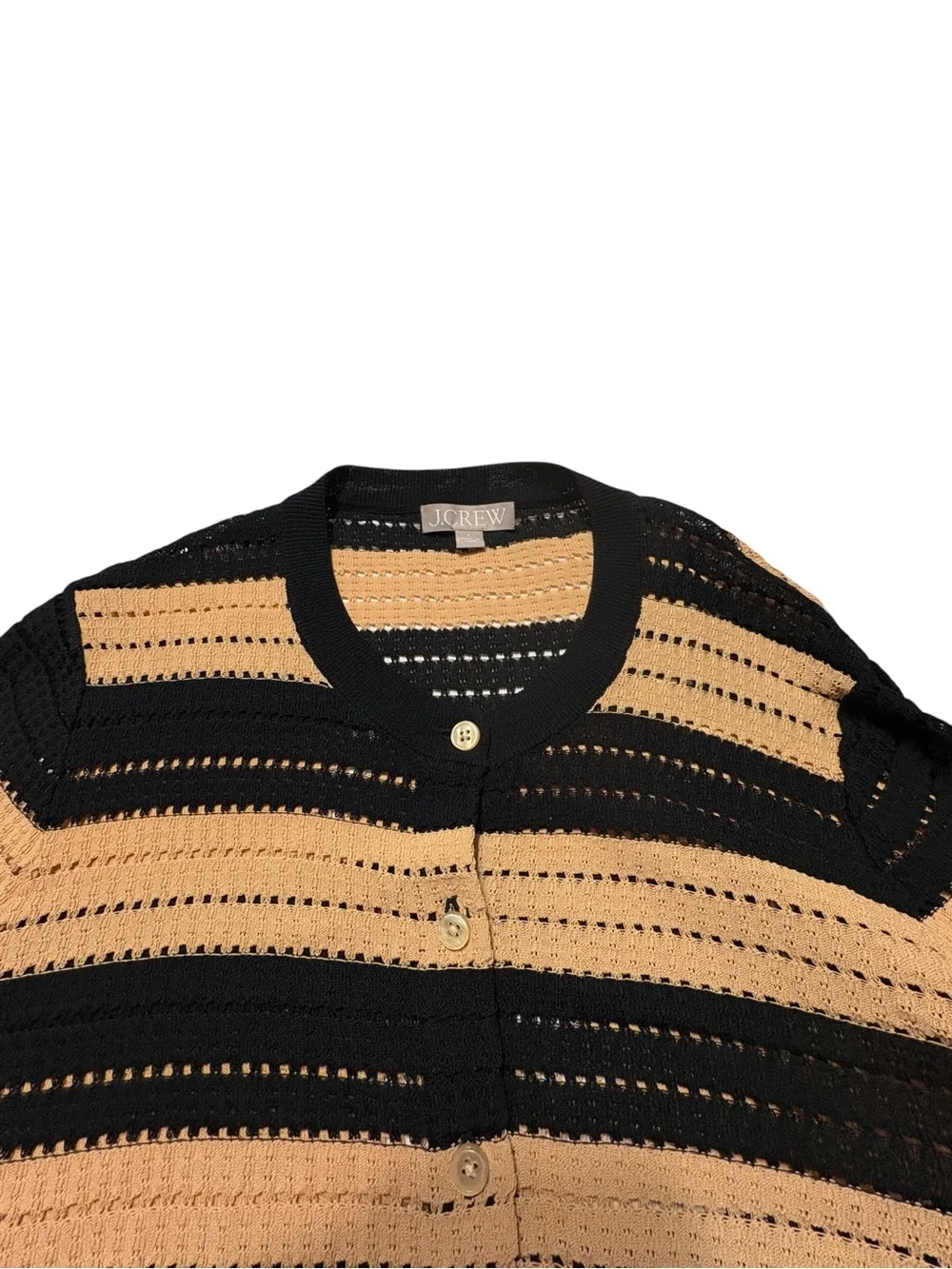 J. Crew Pointelle Stitch Cardigan in Stripe Size Large Tan Black Workwear Office
